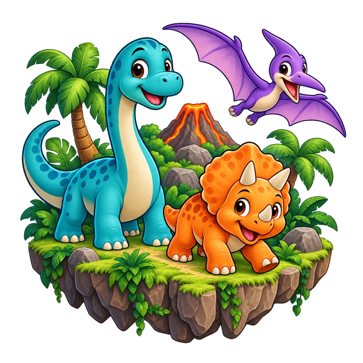Friendly dinosaurs around a tiny volcano