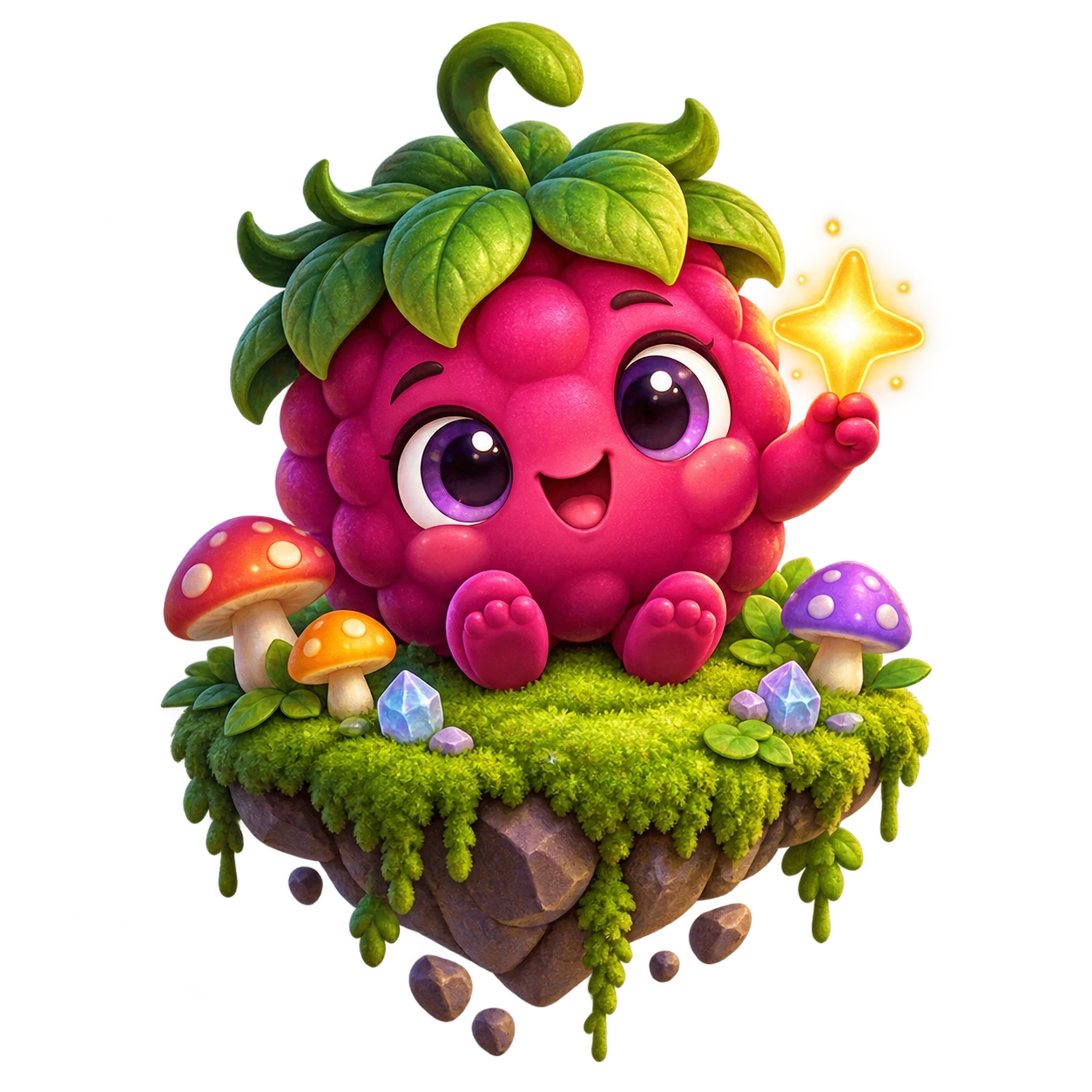 Mossberry, our cheerful berry mascot, holding a glowing star on a floating moss garden